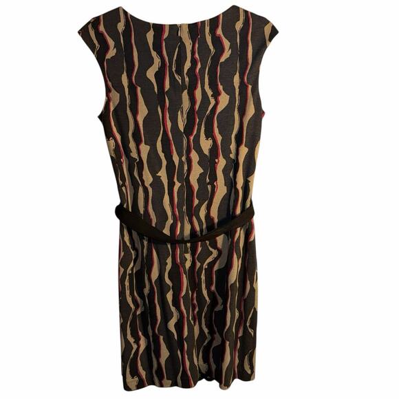 Trina Turk Abstract Print Belted Sheath Dress Size 2 Brown Tan Black Cap Sleeve - Picture 3 of 8